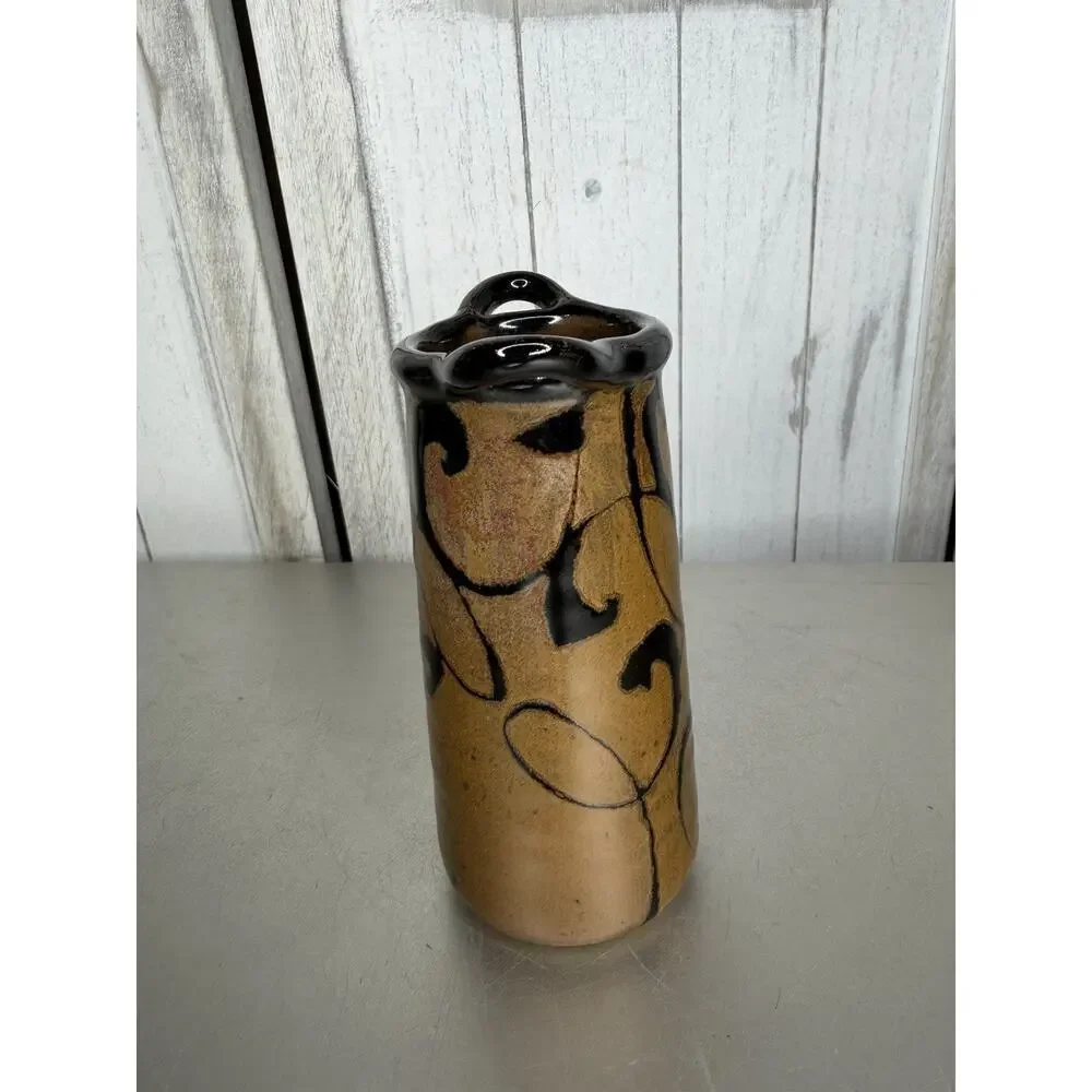 Hand Thrown Pottery Mini Vase With Handles Brown Orange Swirl 6in